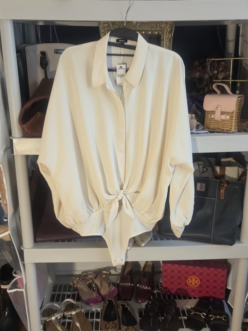 Express Cream Button-Front Tie Bodysuit Shirt
